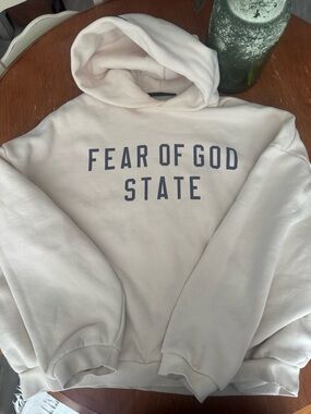 Fear of God Cream Hoodie with Navy Logo